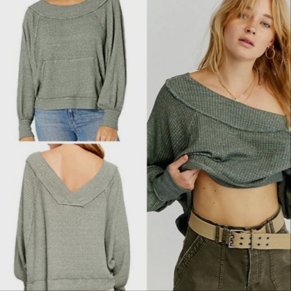 Free People Top‎ Medium Waffle Knit Oversized Dolman Sleeve Pockets Slouchy - Picture 1 of 14
